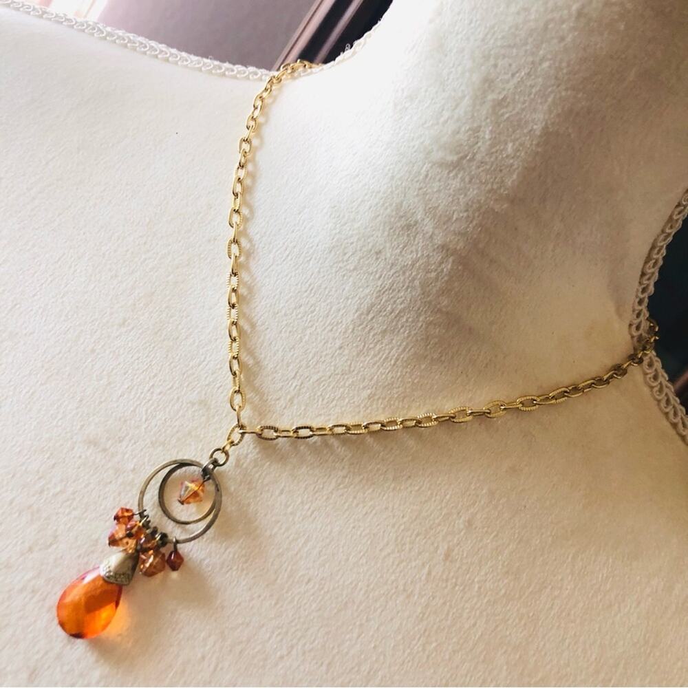Handmade repurpose apricot crystal gold chain necklace